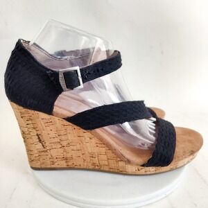 New Toms Sandals Size 9 Clarissa Cork 3.5" Wedge Heels Black Textured Fabric